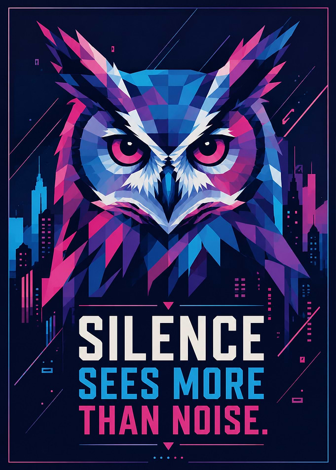 Geometric Owl with Cityscape and Quote