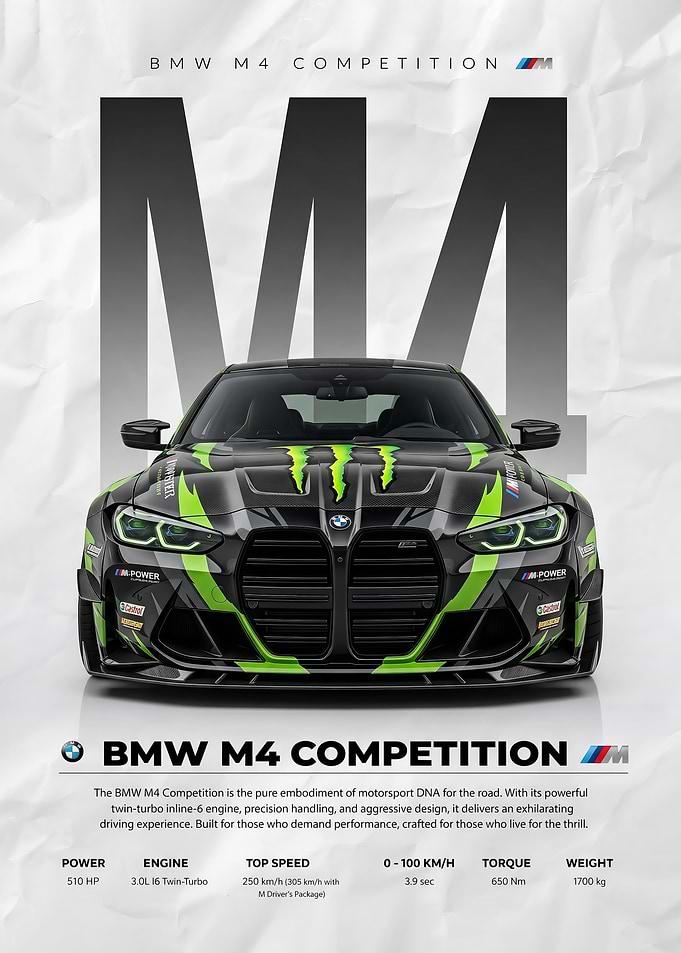 A dynamic promotional BMW M4 Competition Poster