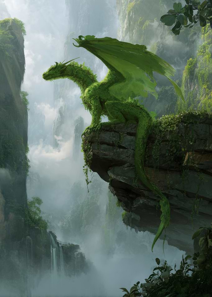 Green Dragon on Cliff Overlooking Waterfalls