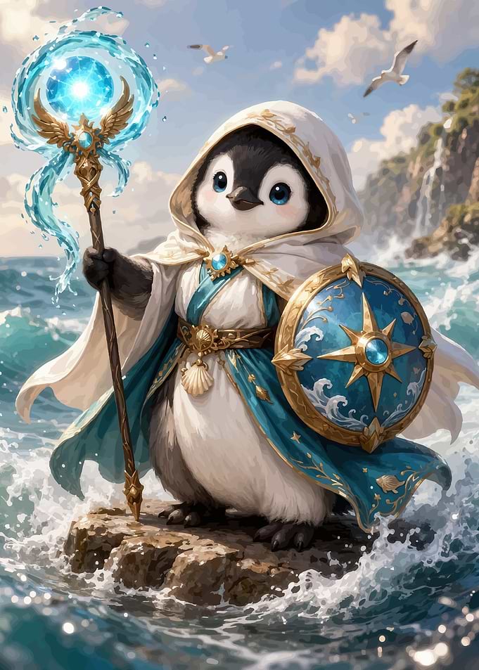 Penguin Mage with Water Staff and Shield