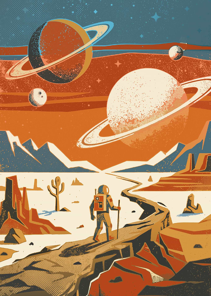 Astronaut exploring a ringed planet landscape