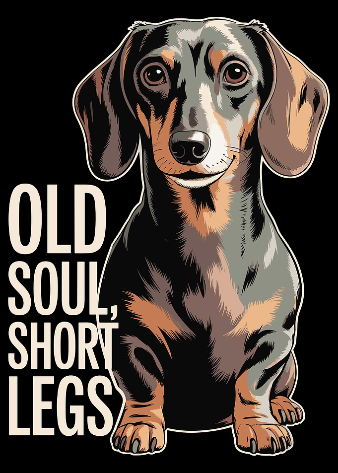 Dachshund with 'Old Soul, Short Legs' text