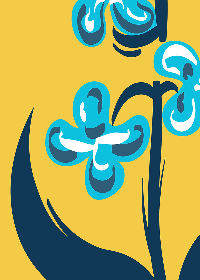 Abstract Blue Flowers on Yellow Background
