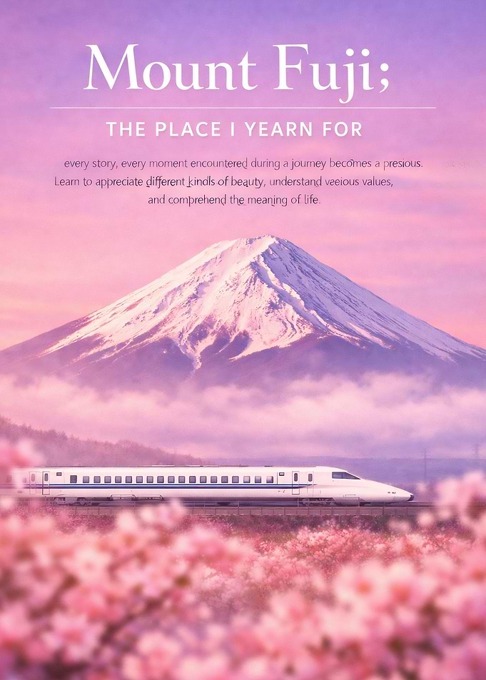 Mount Fuji with Bullet Train and Cherry Blossoms