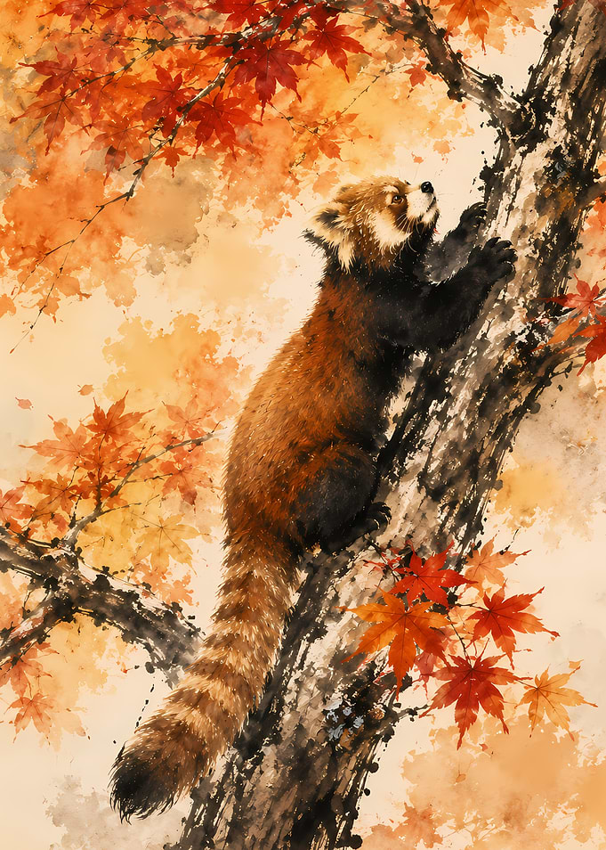 Red Panda Climbing Tree with Autumn Leaves