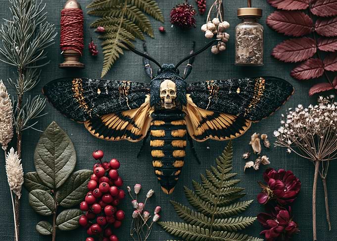 Death's Head Moth with Skull and Nature Elements
