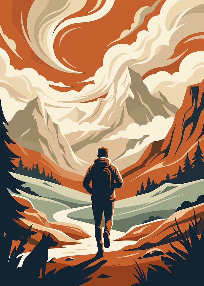 Hiker and Dog in Mountain Landscape