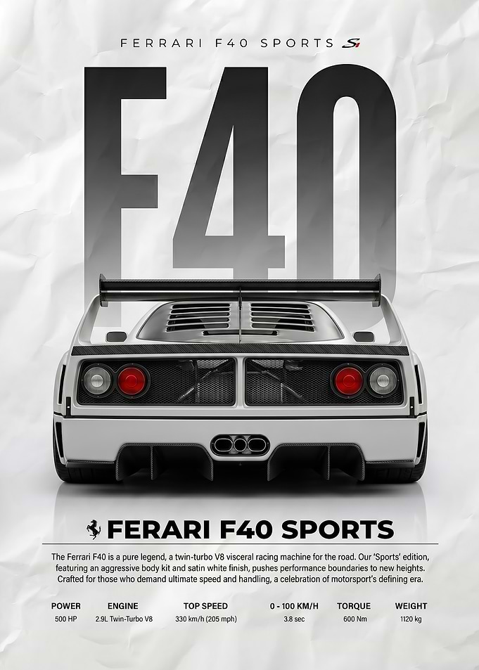 Rear View Ferrari F40 Sports white car poster