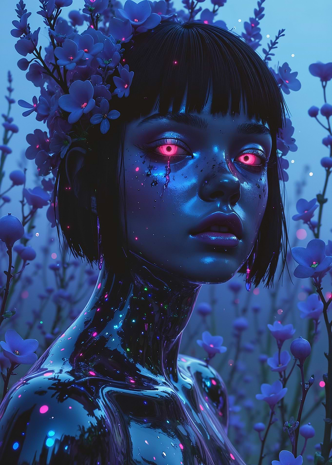 Neon Cyborg Flower Poster – Futuristic Android Girl in Blue Bloom | Cyberpunk Wall Art