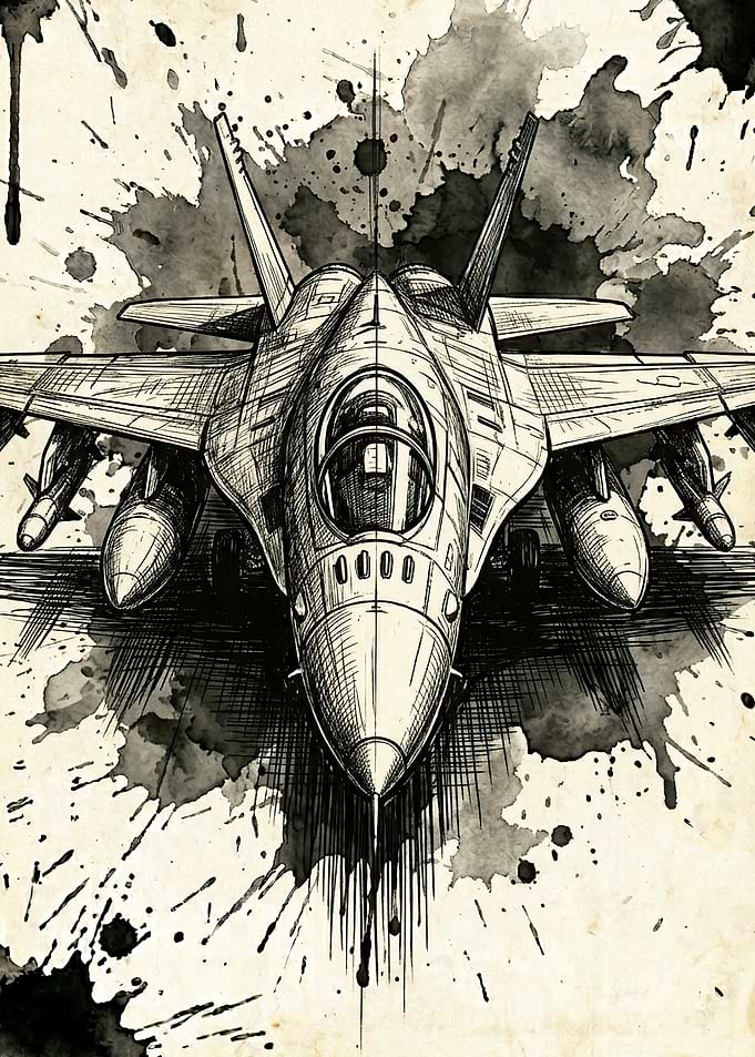 Fighter Jet Sketch with Ink Splatters Poster Design Art