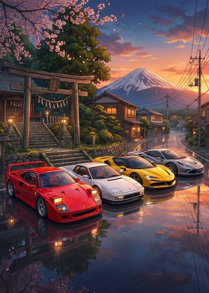 Japanese Sunset with Ferraris and Mt. Fuji