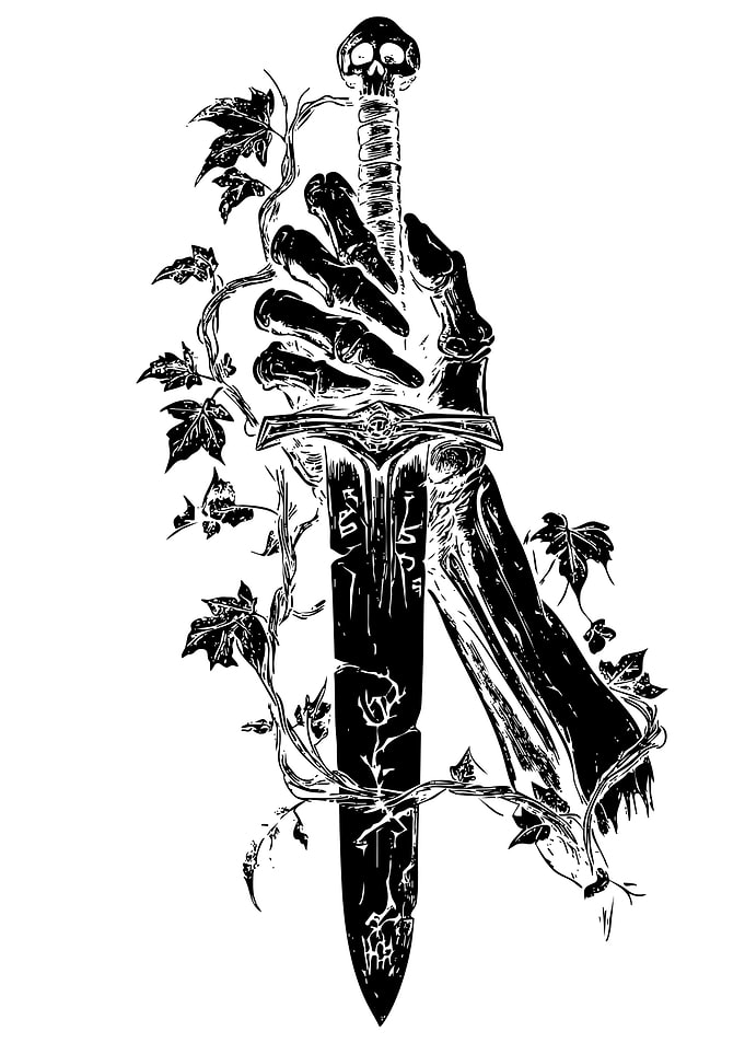 Skeleton Hand Holding a Sword with Vines