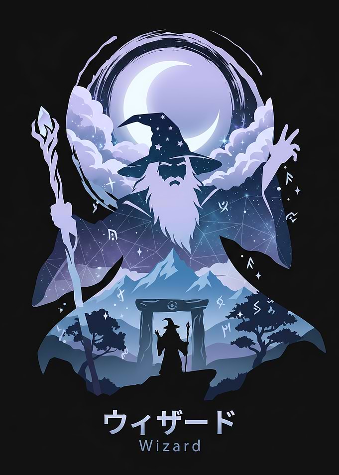 Wizard Silhouette with Cosmic Background