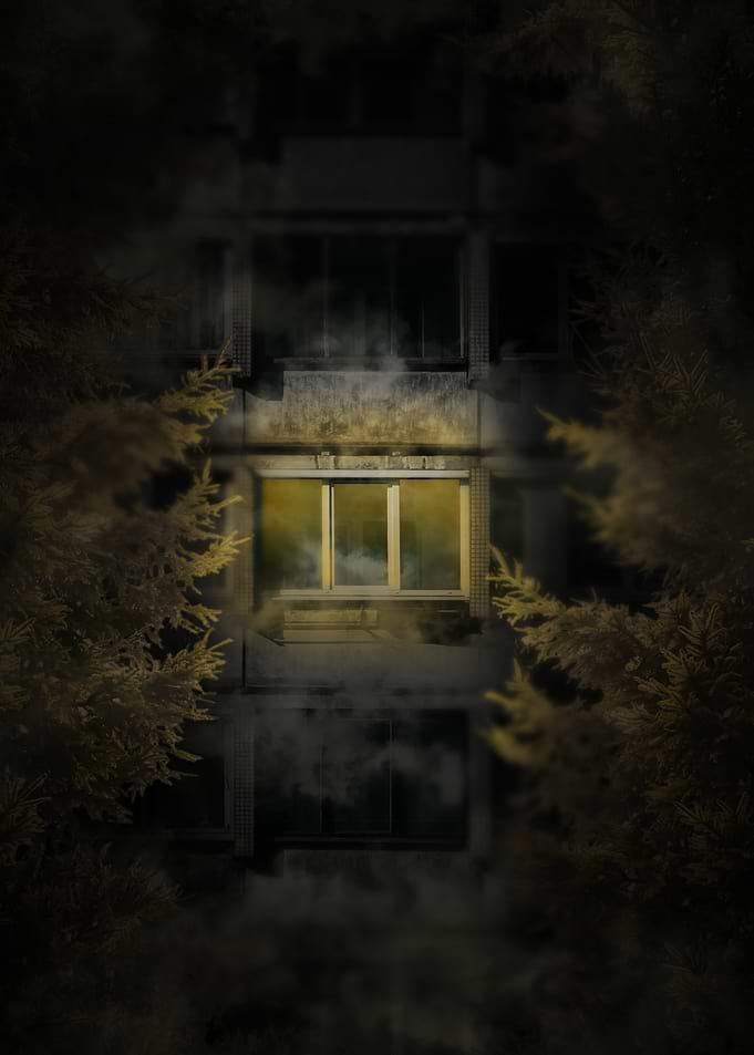 Mysterious Lit Window in Foggy Night