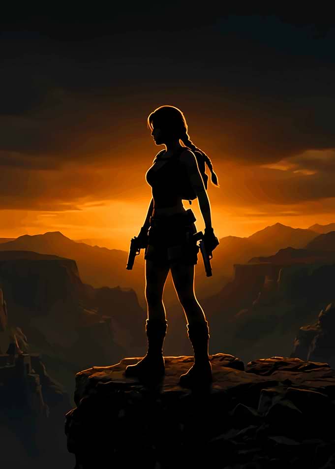 Lara Croft silhouette at sunset