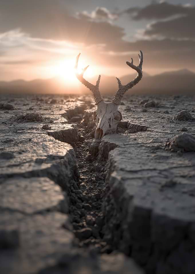 Deer Skull in Cracked Earth at Sunset