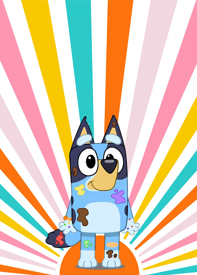 Bluey covered in paint splatters