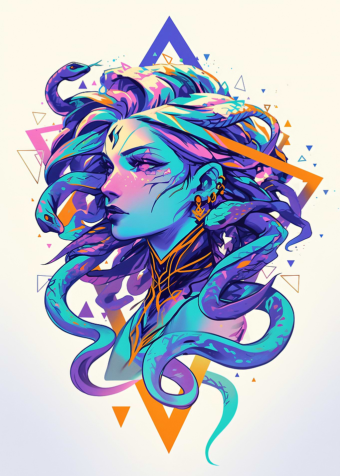 Medusa with Snakes and Geometric Shapes
