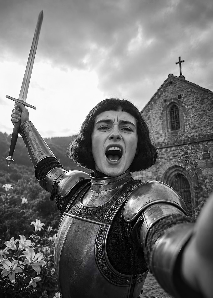 Joan of Arc in Armor with Sword Selfie