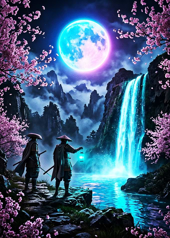 Samurai by Waterfall Under Moon