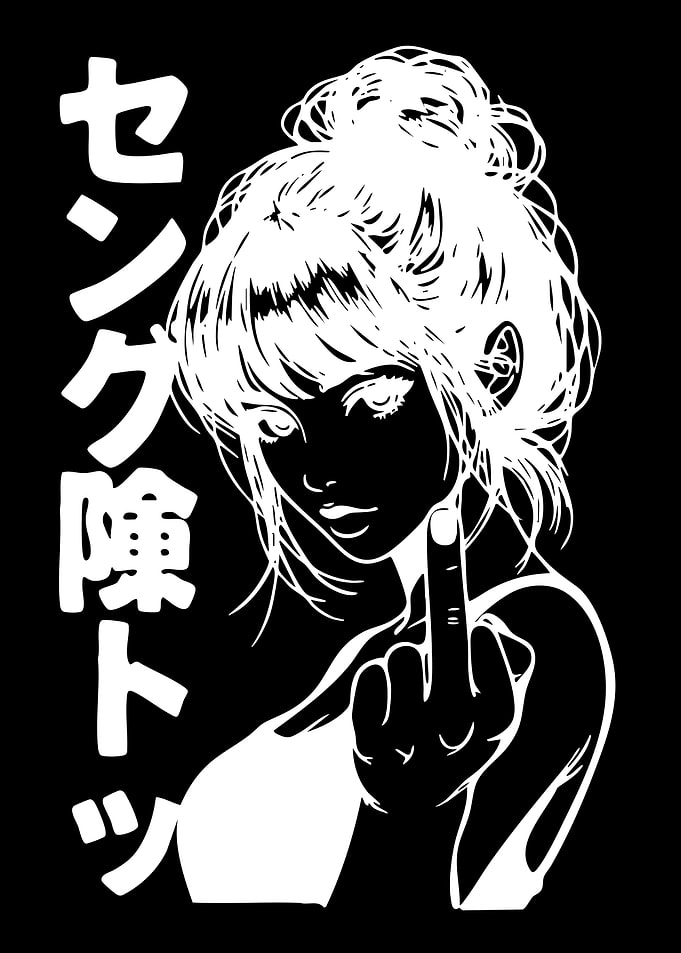 Girl giving the middle finger with Japanese text