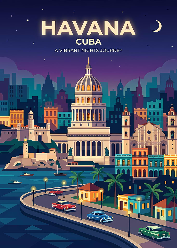 Havana Cuba Night Travel Poster