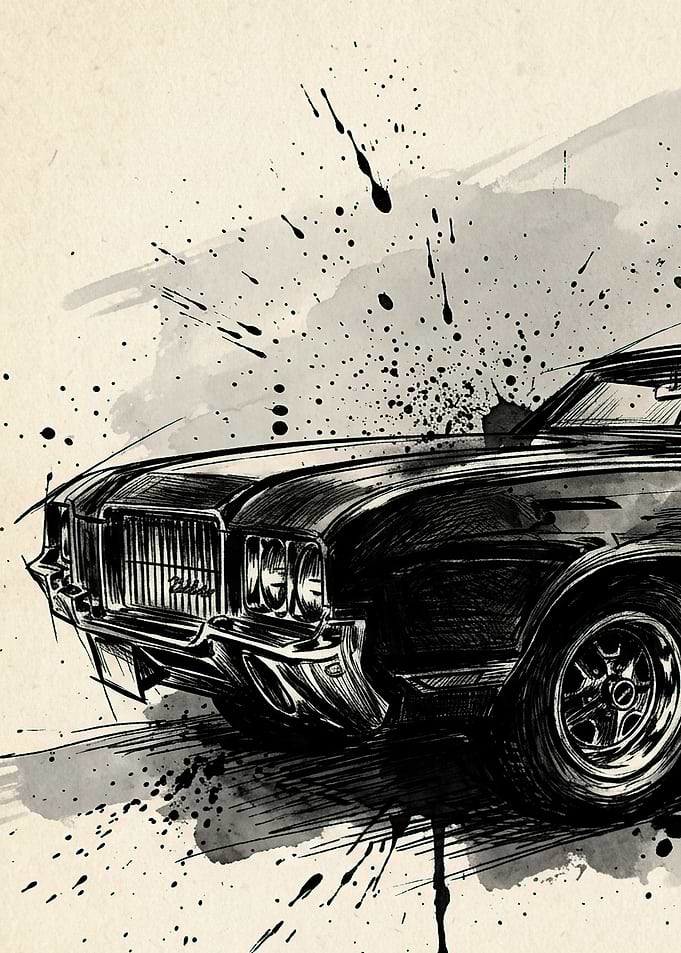 Vintage Car Sketch with Splatter Effect Poster Design Art