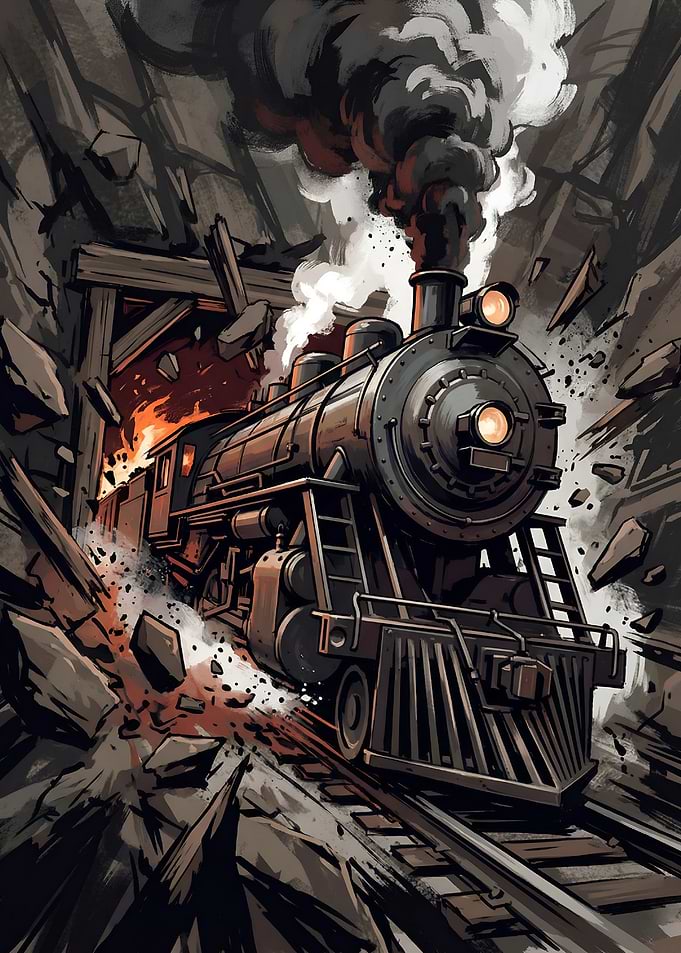 Unstoppable Steam Locomotive Bursting Through Tunnel