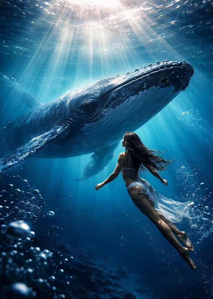 Woman swimming with whales