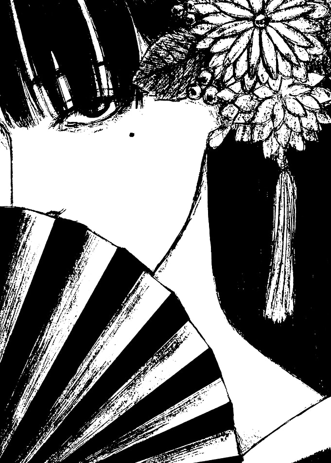 Manga-style woman with fan and flowers