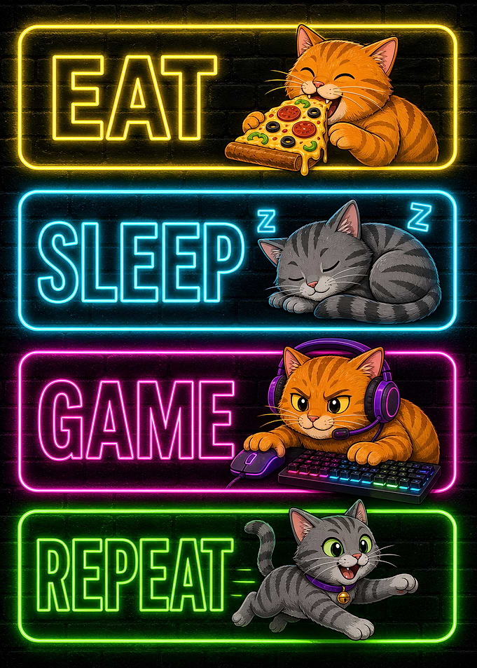 Cats Eat Sleep Game Repeat Neon Art