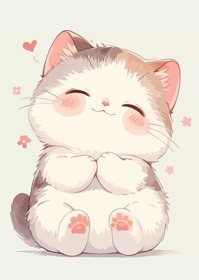 Cute Kawaii Cat with Pink Flowers