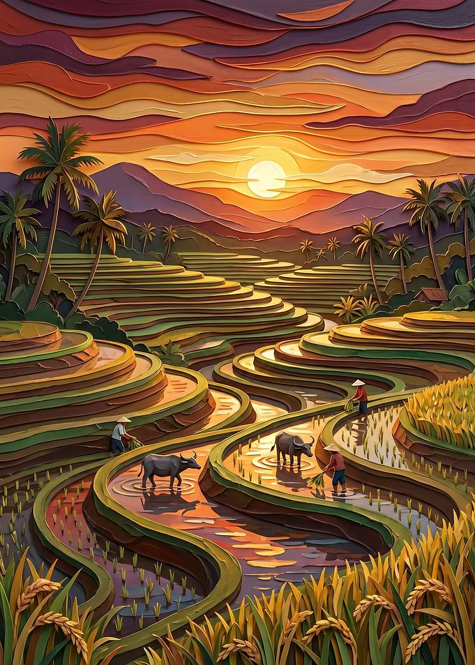 Sunset Over Rice Terraces with Farmers and Buffaloes