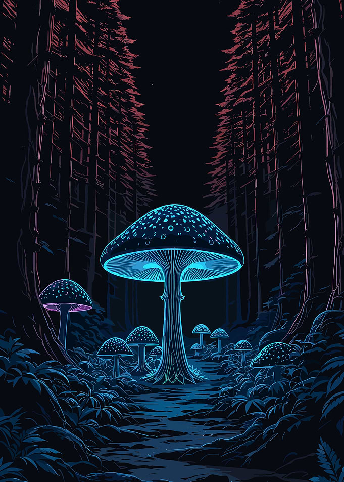 Bioluminescent Forest Poster, Mystical Mushroom Wall Art, Surreal Night Nature Print