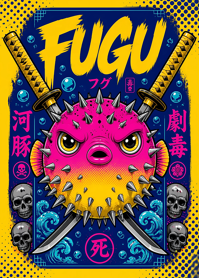 Fugu Pufferfish with Swords and Skulls