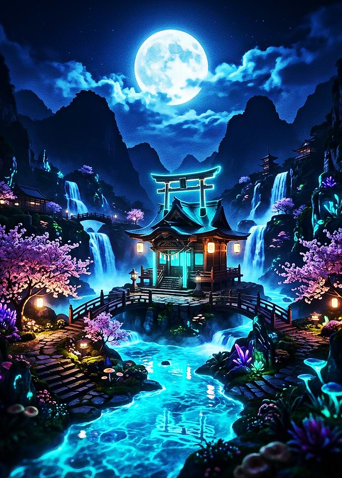 Sacred Neon Shrine Beneath the Moonlight