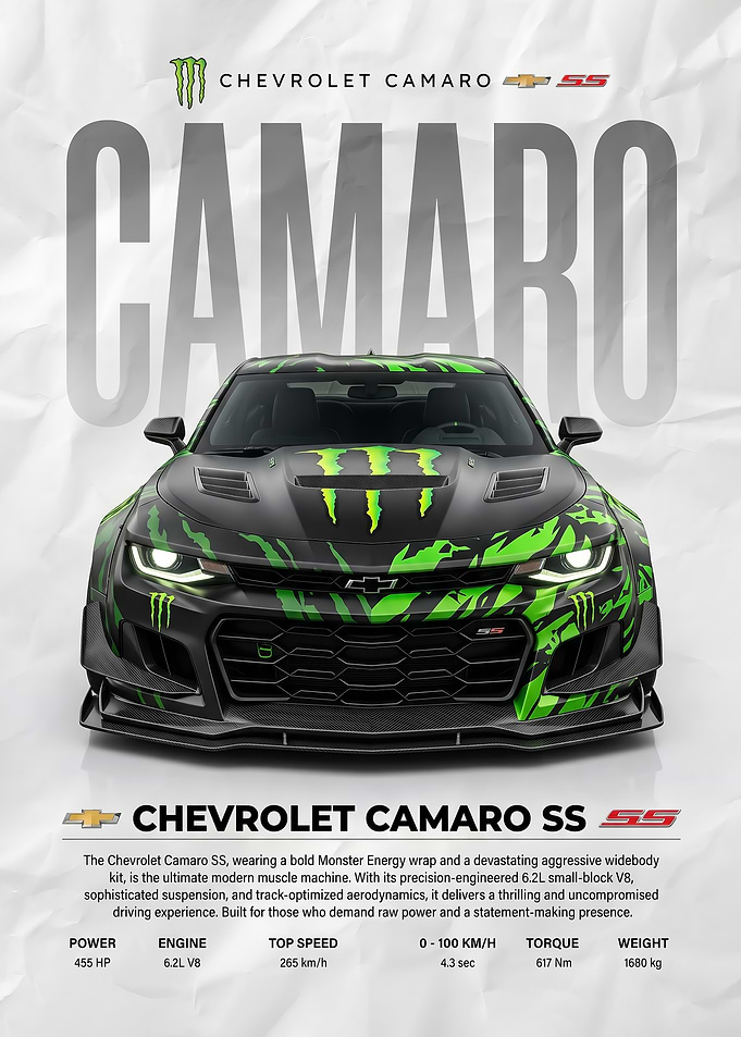 A striking Monster Chevrolet Camaro SS car poster