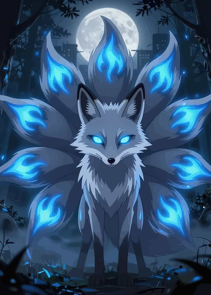 Nine-Tailed Fox with Blue Flames