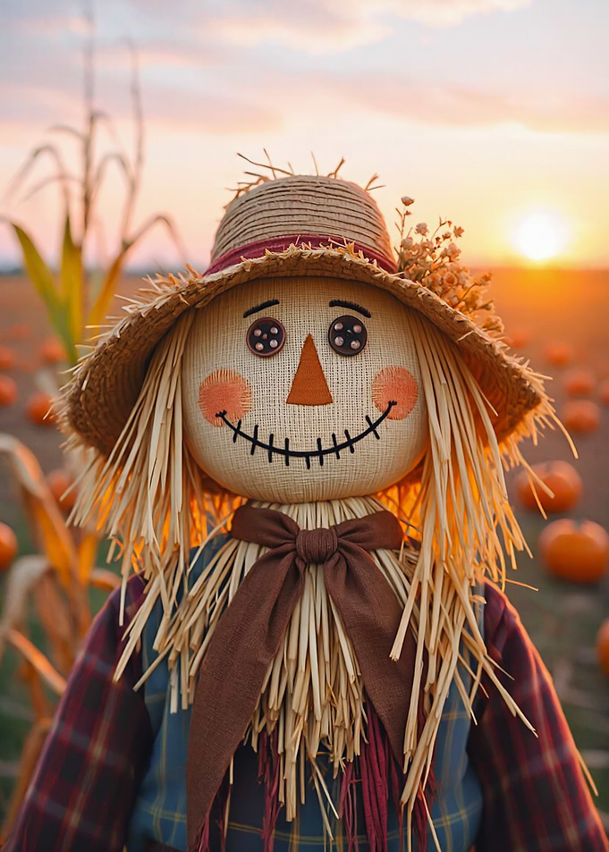 Scarecrow in a Pumpkin Patch at Sunset