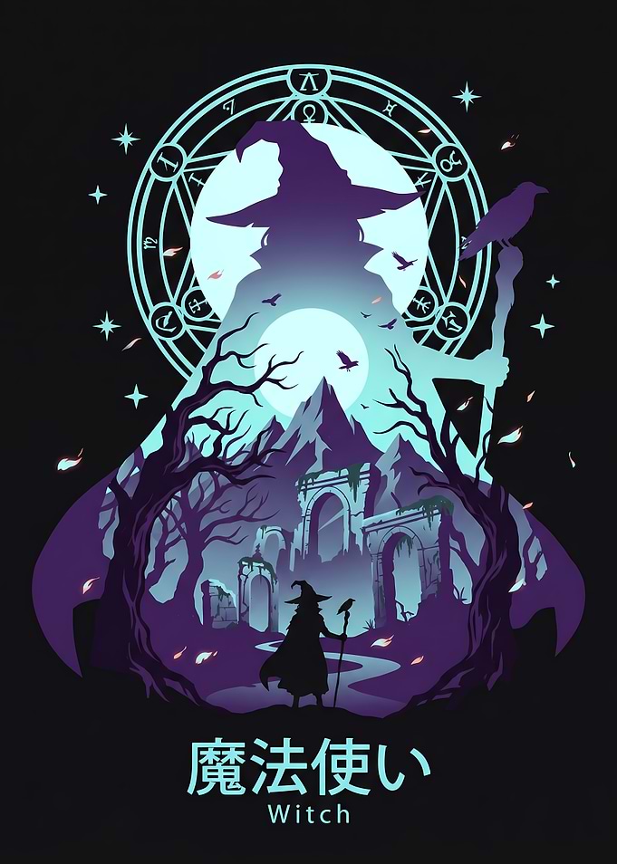 Mystical Witch Silhouette with Magical Circle