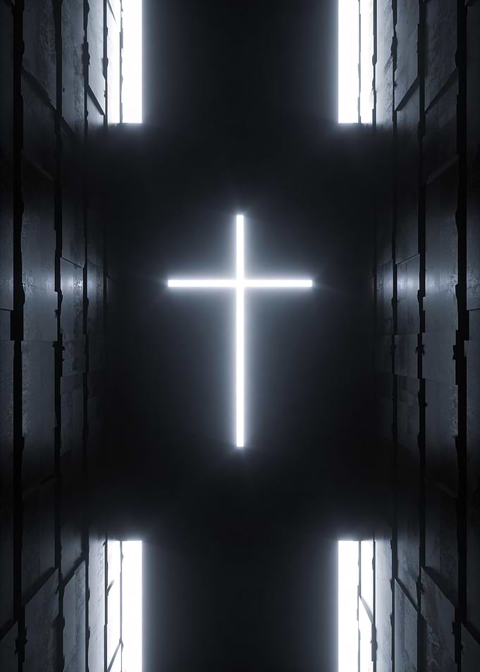 Glowing Cross in Dark Corridor