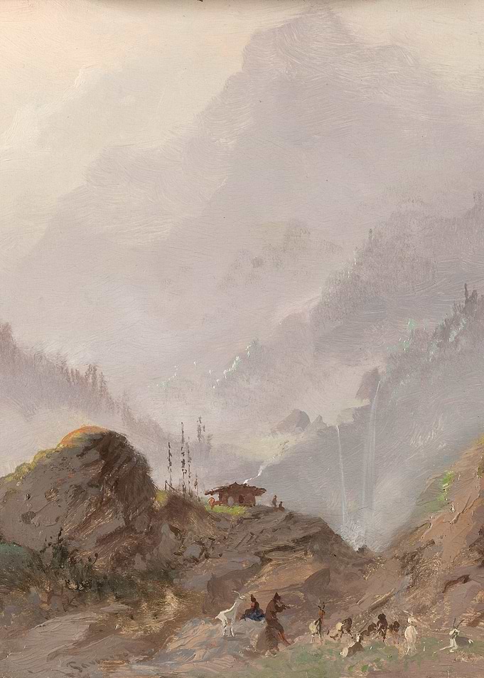 Mountain Landscape with Figures and Waterfall