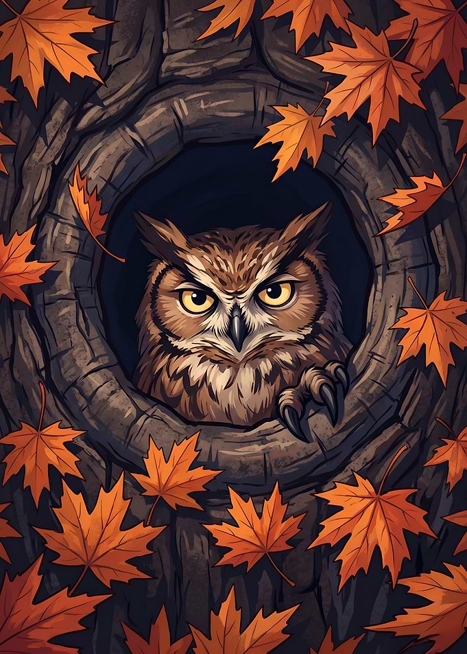 Grumpy Great Horned Owl Autumn Illustration