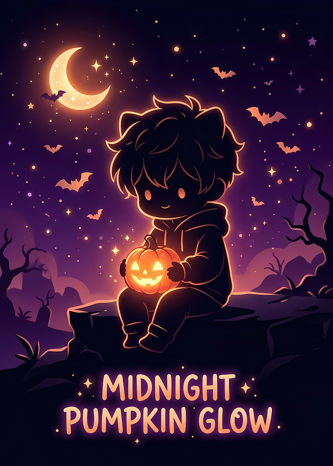 Anime Cat Boy Cute Halloween Character with Midnight Glow as background