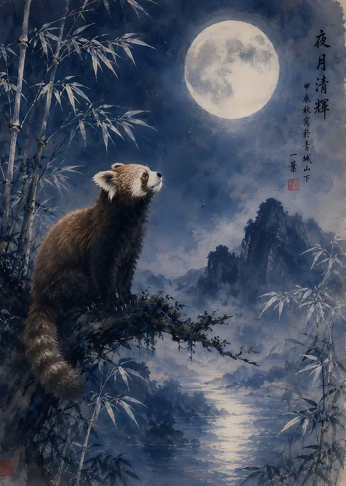 Red Panda Under the Full Moon