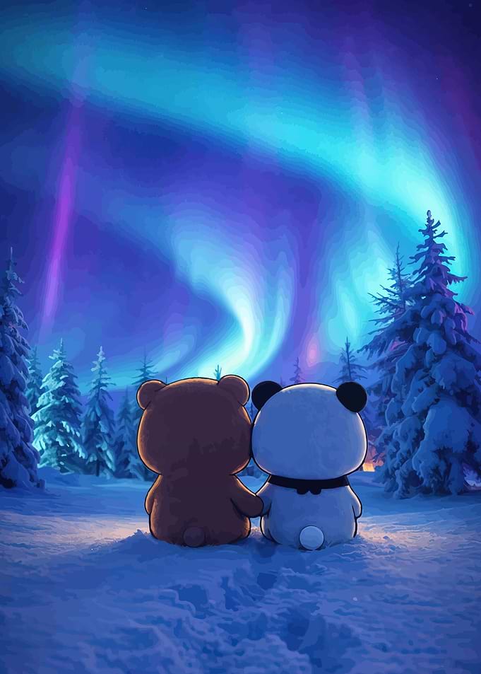 Cute Bears Watching Aurora Borealis