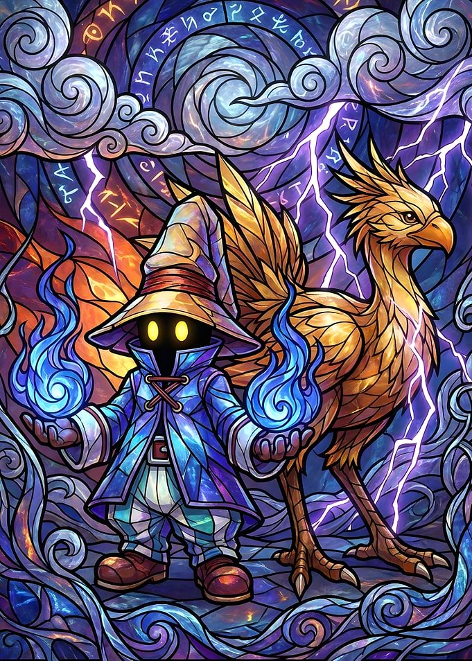 Vivi and Chocobo Stained Glass Art
