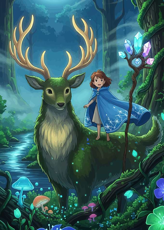 Girl and Deer in Magical Forest