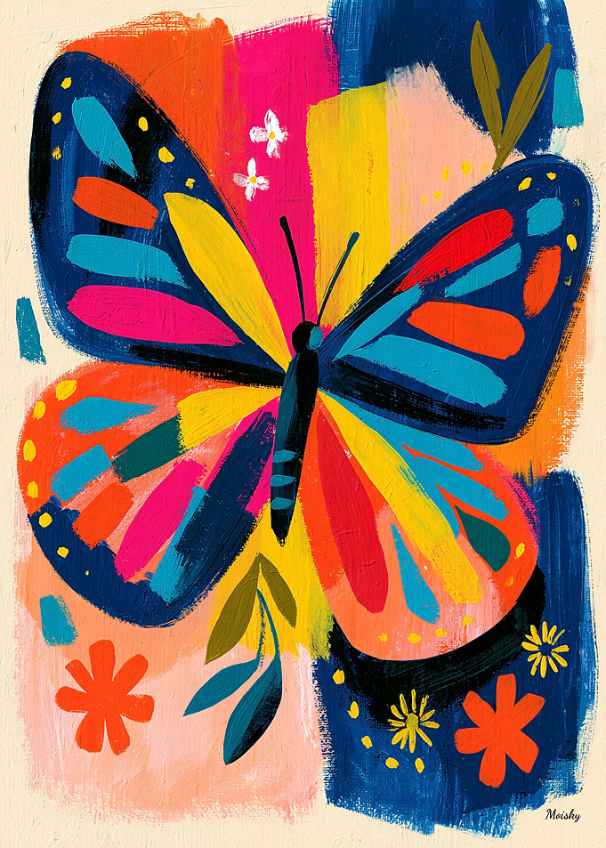 Vivid Fauvist Butterfly Colorful Folk Wall Art