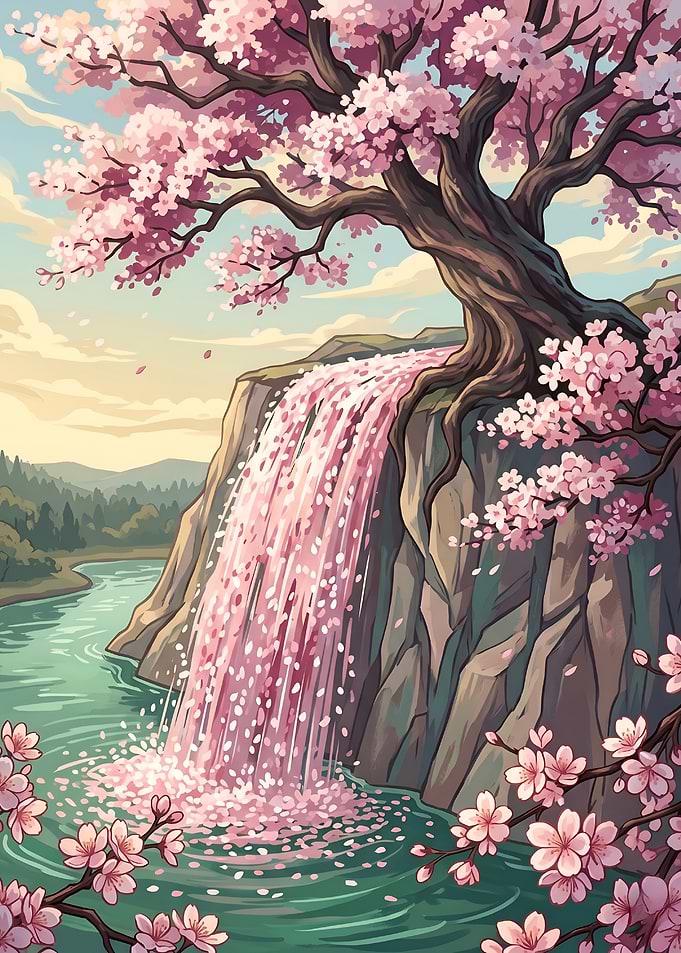 Sakura Blossom Waterfall Nature Art